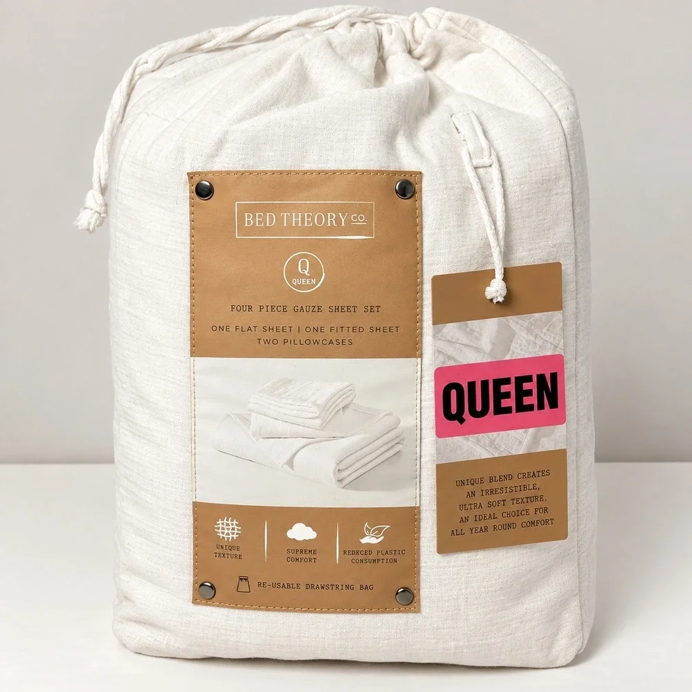 Bed Theory Co Queen Four Piece Gauze Sheet Set White Ultra Soft Texture NEW
